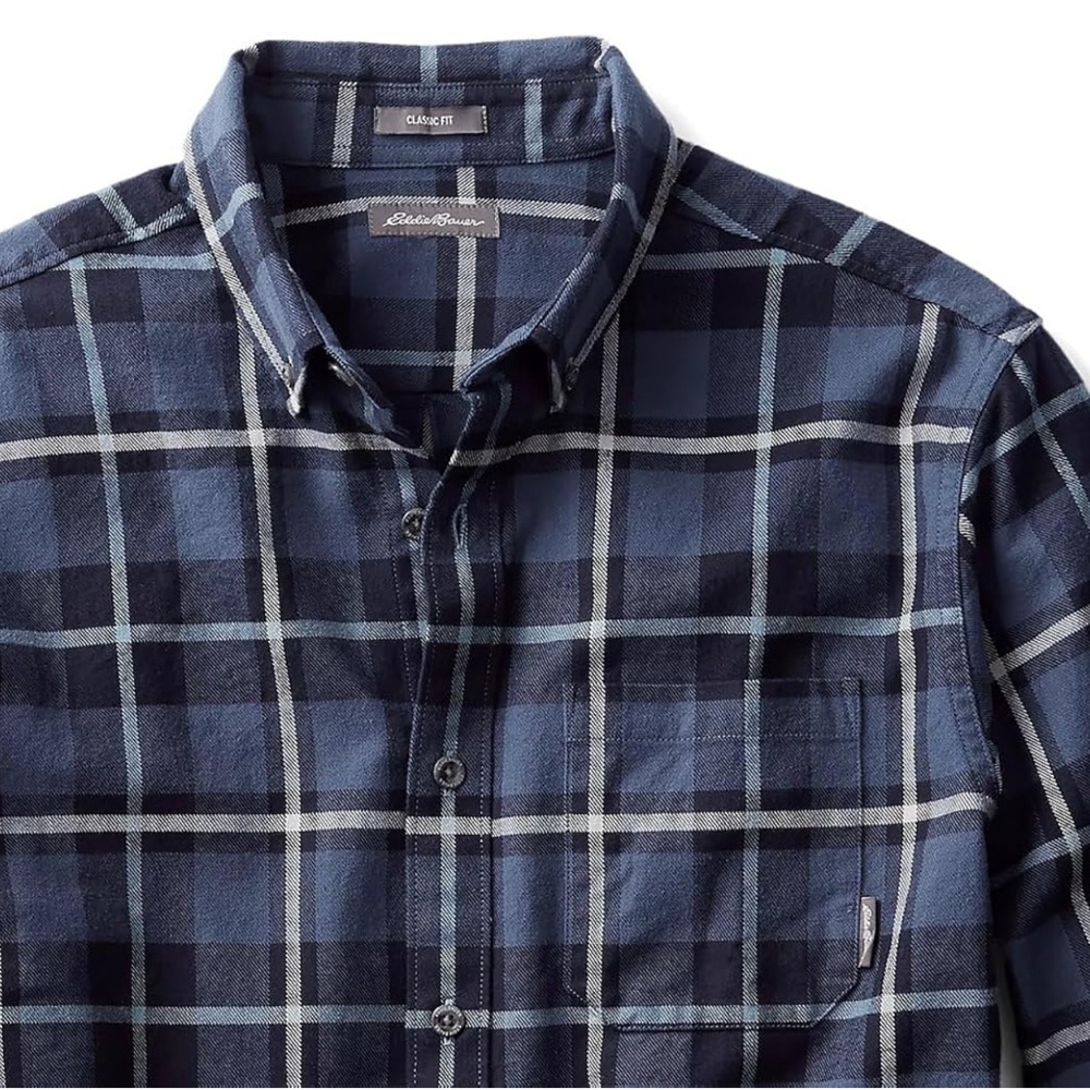Eddie Bauer Blue Plaid Casual Button Down Flannel Shirt- Classic Fit